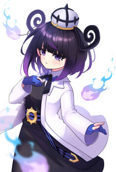 1girl absurdres belt belt_buckle black_hair blue_gloves blunt_bangs bob_cut buckle closed_mouth coat commentary_request fire gloves gradient_hair gwynn_(pokemon) hat highres long_sleeves looking_at_viewer multicolored_hair nintendo o-ring o-ring_belt open_clothes open_coat partially_fingerless_gloves pokemon pokemon_legends:_z-a purple_eyes purple_fire purple_hair relight short_hair solo white_background white_coat