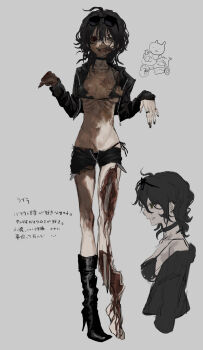 1girl absurdres bikini black_bikini black_choker black_footwear black_hair black_jacket black_nails black_shorts boots broken_leg choker cropped_jacket cropped_torso exposed_bone eyewear_on_head full_body green_eyes grey_background guro hands_up highres jacket jewelry jiz_(pffbq) looking_at_viewer medium_hair messy_hair missing_eye multiple_rings multiple_views muted_color open_clothes open_jacket open_mouth original outstretched_arms ring rotting shoes short_shorts shorts simple_background single_shoe standing sunglasses swimsuit tongue tongue_out torn_clothes translation_request uneven_eyes zombie zombie_pose