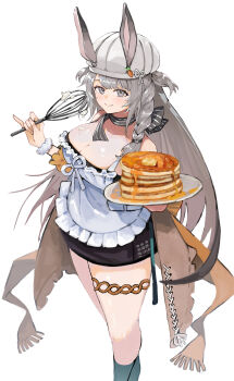 Rule 34 | 1girl, absurdres, animal ears, apron, arknights, bare shoulders, black dress, braid, breasts, closed mouth, commentary request, dress, ears through headwear, feet out of frame, food, grey eyes, grey hair, hand up, haru torimaru, hat, highres, holding, holding plate, long hair, looking at viewer, official alternate costume, pancake, pancake stack, partial commentary, plate, rabbit ears, savage (arknights), savage (secret family recipe) (arknights), simple background, smile, solo, thigh strap, white apron, white background, white hat