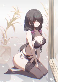 1girl absurdres annasui_factory black_bra black_garter_belt black_hair black_panties black_thighhighs bra breasts cleavage date_a_live garter_belt hair_over_one_eye highres large_breasts lingerie long_hair looking_at_viewer panties red_eyes solo thighhighs tokisaki_kurumi underwear underwear_only very_long_hair