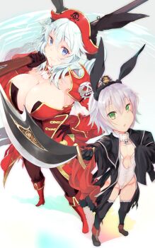10s 1boy 2girls ahoge animal_ears anne_bonny_(fate) anne_bonny_(fate)_(cosplay) anne_bonny_(third_ascension)_(fate) artemis_(fate) ascot bare_shoulders beard black_hair blue_eyes breasts cleavage collar cosplay covered_navel dress edward_teach_(fate) edward_teach_(fate)_(cosplay) facial_hair fate/apocrypha fate/extra fate/grand_order fate_(series) green_eyes highres jack_the_ripper_(fate/apocrypha) jewelry large_breasts leotard long_hair looking_at_viewer mary_read_(fate) mary_read_(fate)_(cosplay) mary_read_(third_ascension)_(fate) multiple_girls mustache open_mouth orion_(bear)_(fate) p_answer pirate rabbit_ears scar short_hair small_breasts smile stuffed_animal stuffed_toy sword teddy_bear thighhighs weapon white_hair white_leotard