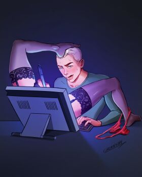 1boy 1girl black_thighhighs blonde_hair blush chernyart commentary computer_keyboard drawing_tablet english_commentary garter_straps highres holding holding_stylus lace lace-trimmed_thighhighs lace_trim mismatched_eyebrows open_mouth original panties panties_around_leg red_panties signature spread_legs stylus sweat thighhighs through_medium through_screen underwear