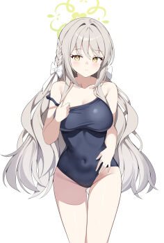 1girl absurdres alternate_costume black_one-piece_swimsuit blue_archive blush bow braid breasts cleavage collarbone commentary covered_navel green_eyes groin hair_bow hair_ribbon halo highres long_hair looking_at_viewer medium_breasts miyo_(blue_archive) one-piece_swimsuit ribbon ribbon_braid school_swimsuit simple_background sob_(submar1089) solo strap_slip swimsuit thigh_gap thighs very_long_hair white_background white_bow white_ribbon yellow_eyes