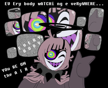 1girl deltarune dress english_text halo halojack_(huecycles) huecycles original sharp_teeth solo solo_focus teeth television utdr_(toby_fox)