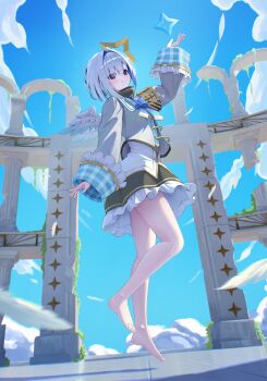 1girl absurdres aiguillette amane_kanata amane_kanata_(1st_costume) angel_wings arm_up armband barefoot black_skirt blue_bow blue_bowtie blue_hair blue_sky bob_cut bow bowtie closed_mouth cloud colored_inner_hair commentary cropped_jacket dated_commentary day feathered_wings feet frilled_skirt frills full_body gonza3_v grey_hair grey_jacket hair_over_one_eye halo highres hololive jacket long_sleeves looking_at_viewer mini_wings miniskirt multicolored_hair outdoors pink_streaks purple_eyes sailor_collar short_hair single_hair_intake skirt sky sleeve_cuffs smile solo star_halo streaked_hair tilted_halo toes turtleneck virtual_youtuber white_sailor_collar white_wings wide_sleeves wings
