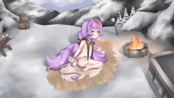 1girl absurdres animal_ears ass blush bow cow_ears cow_tail equus_ignis feet fire from_behind frown highres horns loli long_hair looking_at_viewer mole muu_muyu navel outdoors panties phase_connect pink_eyes purple_hair restrained rope sitting snow soles solo tail underwear virtual_youtuber wariza