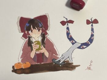 2girls art_tools_in_frame bow closed_mouth coat commentary cup disembodied_eye finger_skateboard food fruit gap_(touhou) gloves hair_bow hair_tubes hakurei_reimu highres holding holding_cup long_sleeves marker marker_(medium) multiple_girls orange_(fruit) red_bow red_coat red_eyes red_shirt shiratama_(hockey) shirt sideways_glance signature symbol-only_commentary touhou traditional_media white_gloves yakumo_yukari yunomi