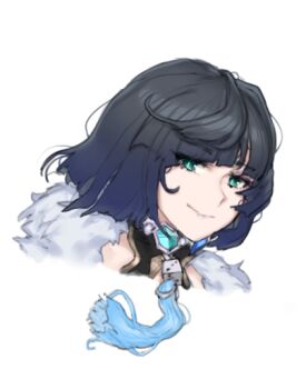 1girl aqua_eyes black_hair dice genshin_impact looking_at_viewer maji-pan neck_tassel short_hair simple_background smile solo tassel white_background yelan_(genshin_impact)