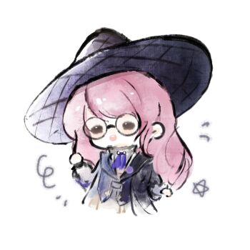 Rule 34 | 1girl, argyle clothes, argyle hat, ascot, badge, bespectacled, black-framed eyewear, black hat, black robe, brown eyes, chinese commentary, collared shirt, commentary request, cropped legs, enchanted writing (infinity nikki), fengmi youzi hua, frilled shirt collar, frills, glasses, grey shirt, hand in own hair, happy, hat, high collar, highres, infinity nikki, layered sleeves, long hair, long sleeves, looking ahead, nikki (nikki), nikki (series), notice lines, open mouth, pink hair, puffy long sleeves, puffy sleeves, purple ascot, purple hat, robe, round eyewear, shirt, simple background, smile, solid oval eyes, solo, star (symbol), stole, teeth, two-sided fabric, two-sided headwear, upper teeth only, very long hair, white background, witch hat, wizard