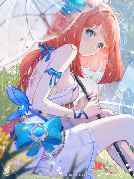 1girl absurdres alternate_costume artezahn back_tattoo backless_dress backless_outfit blue_eyes blunt_bangs blush breasts closed_mouth commentary dress from_side genshin_impact highres holding holding_umbrella long_hair looking_at_viewer medium_breasts nilou_(genshin_impact) on_grass rain red_hair sideboob sitting smile solo tattoo transparent transparent_umbrella umbrella umbrella_over_shoulder vision_(genshin_impact) white_dress