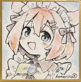 1boy :3 :d artist_name black_bow blue_background blue_eyes blush border bow bowtie brooch brown_shirt collared_shirt commentary crossdressing crossdressing_(mtf) dot_nose fins frills green_bow green_bowtie hair_between_eyes hair_bow hair_ornament hair_ribbon hairclip head_fins head_tilt highres jewelry komerina looking_at_viewer maid maid_headdress male_focus male_maid medium_hair mendaku_(komerina) octopus_boy open_mouth orange_hair original painting_(medium) personification portrait ribbon shirt sidelocks simple_background smile solo traditional_media trap umbrella_octopus unconventional_maid watercolor_(medium) white_bow yellow_border