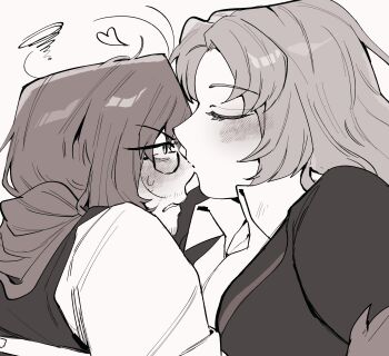 1boy 1girl absurdres ahoge angry annoyed antenna_hair antennae assertive_female blush breasts clenched_teeth closed_eyes closed_mouth collared_shirt dress_shirt embarrassed eyes_visible_through_hair face-to-face facial_hair facing_another from_side glasses gregor_(project_moon) greyscale hair_between_eyes half-closed_eyes heart height_difference highres kiss kissing_nose lifting_person limbus_company long_hair long_sleeves looking_at_another looking_up low_ponytail male_focus medium_breasts monochrome necktie nose_blush open_clothes parted_bangs parted_lips picking_up ponytail profile project_moon rodion_(project_moon) sanpaku scowl semi-rimless_eyewear shirt simple_background squiggle stubble surprise_kiss surprised sweatdrop teeth under-rim_eyewear upper_body v-shaped_eyebrows vest white_background wing_collar