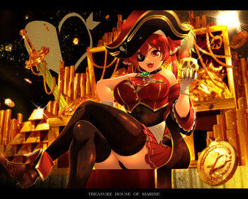 1girl 3d absurdres ascot bicorne black_choker black_coat black_hat black_ribbon blender_(medium) bow breasts brooch choker coat cropped_jacket drill_hair eyepatch frilled_choker frilled_shirt_collar frills gold_trim hair_bow hair_ribbon hat heterochromia high_ponytail highres hololive houshou_marine huge_filesize jacket jewelry large_breasts leotard leotard_under_clothes long_hair miniskirt off_shoulder pirate pleated_skirt ponytail red_ascot red_eyes red_hair red_jacket red_ribbon red_skirt ribbon ringlets see-through_clothes see-through_leotard skirt sleeveless sleeveless_jacket solo twin_drills twintails very_long_hair virtual_youtuber warugaki_(sk-ii) white_bow yellow_eyes