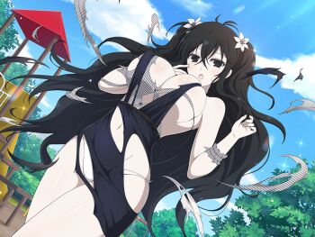 1girl :o april_fools black_eyes black_hair breasts cleavage cloud cloudy_sky day dress flower forest fubuki_(senran_kagura) growth hair_flower hair_ornament jungle_gym large_breasts leaf light_blush lily_(flower) long_hair nature navel non-web_source official_art open_mouth pale_skin panties pantyshot park playground senran_kagura senran_kagura_new_link sky solo striped_clothes sunlight surprised sweatdrop swing_set torn_clothes tree twintails underwear wavy_hair white_flower white_lily white_panties yaegashi_nan