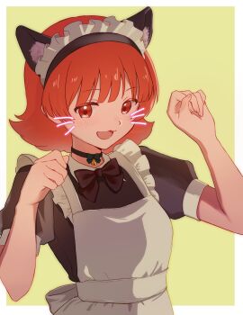 1girl :3 absurdres animal_ears apron bell black_bow black_bowtie border bow bow_choker bowtie cat_ears choker commentary_request drawn_whiskers flipped_hair hands_up highres idolmaster idolmaster_million_live! iori_(mu_tairiku_iori) maid maid_apron maid_headdress neck_bell nonohara_akane open_mouth outside_border paw_pose red_eyes red_hair short_hair short_sleeves solo upper_body white_apron white_border yellow_background