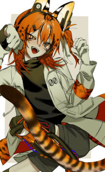 1girl a.i._voice adachi_rei android animal_ears cable cat_ears cat_girl cat_tail commentary_request cowboy_shot gloves grey_shorts hands_up highres hirune_(suiminbusoku118) jacket long_sleeves mismatched_pupils open_clothes open_jacket open_mouth orange_eyes orange_hair partial_commentary paw_pose serval sharp_teeth shorts slit_pupils solo spotted_hair tail teeth utau white_gloves white_jacket