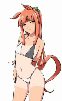 1girl animal_ears arm_behind_back bikini blue_eyes deno_(denomina0) hair_ornament hand_on_own_hip highres horse_ears horse_girl horse_tail long_hair navel orange_hair ponytail silence_suzuka_(umamusume) simple_background swimsuit tail tan tanline umamusume