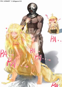1girl 2boys absurdly_long_hair absurdres agaver123 anal androgynous antenna_hair barefoot blonde_hair blush braid chest_hair chibi cloak covered_face crying cum cum_pool elden_ring extra_arms female_pubic_hair gold_necklace hair_in_own_mouth handkerchief_biting hands_on_own_knees highres holding_another&#039;s_wrist jealous jewelry long_hair miquella_(elden_ring) motion_lines multiple_boys necklace needle_knight_leda nose_blush nude one_eye_closed pixiv_id prisoner_(elden_ring) pubic_hair spanking tarnished_(elden_ring) toe_ring trap twitter_username veins very_long_hair wavy_hair white_background white_cloak yaoi yellow_eyes