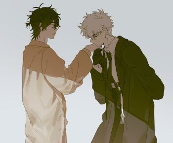 2boys alternate_costume antenna_hair arm_behind_back belt black_belt black_coat black_gloves black_hair black_necktie black_pants brown_sweater cheng_xiaoshi chest_belt closed_eyes closed_mouth coat collared_shirt cowboy_shot from_side gloves grey_background hand_in_pocket hand_up highres holding_hands justjust_monika kiss kissing_hand leaning_forward long_sleeves looking_at_another lu_guang male_focus messy_hair multiple_boys necktie open_clothes open_coat pants parted_lips ponytail profile shade shiguang_dailiren shirt short_hair short_ponytail simple_background standing sweater white_background white_hair white_shirt yaoi