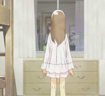 1boy animated animated_gif anime_screenshot bed bedroom blunt_bangs brown_eyes brown_hair bunk_bed chest_of_drawers crossdressing crossdressing_(mtf) curtains hourou_musuko indoors long_hair lowres nitori_shuuichi reflection skirt spinning trap window