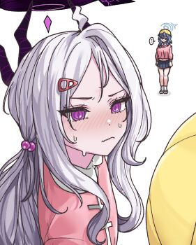 ... 2girls ako_(blue_archive) black_horns blue_archive blush closed_mouth commentary_request demon_horns dress grey_hair hair_ornament hairclip halo hat hina_(blue_archive) horns kindergarten_uniform long_hair long_sleeves looking_at_viewer multiple_girls oddman1234 pink_dress purple_eyes school_hat solo_focus spoken_ellipsis standing sweat v-shaped_eyebrows yellow_hat