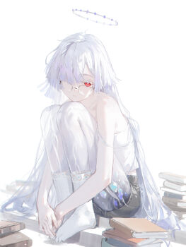1girl absurdres alternate_costume bare_shoulders black_shorts book book_stack colored_eyelashes commentary dino_(dinoartforame) glasses grey_hair hair_over_one_eye halo highres knees_up long_hair looking_at_viewer mornye_(wuthering_waves) no_shoes parted_lips red_eyes see-through_body shirt shorts sitting socks solo strap_slip white_shirt white_socks wuthering_waves
