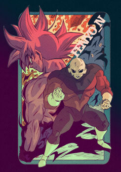 2boys blood_on_mouth boots clenched_hand clenched_teeth colored_skin dragon_ball dragon_ball_super facing_away fenyon frown gloves grey_skin jiren looking_at_another looking_at_viewer male_focus multiple_boys muscular muscular_male pride_trooper_uniform rock scratches smoke son_goku spiked_hair teeth topless_male torn_clothes tournament_of_power twitter_username ultra_instinct white_footwear white_gloves wristband
