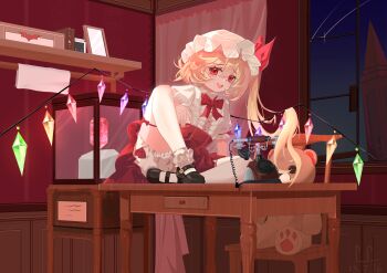 1girl absurdres alternate_costume antique_phone bat_ornament blonde_hair bloomers book bow box buttons chair crime_xiaolun cross_in_eye crystal_wings curtains desk drawer flandre_scarlet gem hat highres indoors leg_up long_hair mary_janes mob_cap multicolored_wings night on_desk open_window phone picture_frame red_background red_bow red_eyes red_gemstone red_ribbon red_skirt ribbon rotary_phone shirt shoes shooting_star side_ponytail sign sitting skirt smile solo stuffed_animal stuffed_toy table teddy_bear touhou tower underwear white_hat white_shirt window wings wooden_table