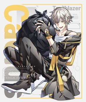 1boy absurdres bag black_boots black_coat black_gloves black_pants boots caelus_(honkai:_star_rail) chain character_name coat collarbone dduzza english_text fingerless_gloves full_body gloves gold_chain grey_hair hair_between_eyes hands_up highres holding holding_bag honkai:_star_rail honkai_(series) hood hooded_coat lapels long_sleeves male_focus open_clothes open_coat open_mouth pants pocket_watch shirt short_hair sitting smile solo t-shirt tassel teeth text_background tongue trailblazer_(honkai:_star_rail) trash_bag watch watermark white_background white_shirt yellow_eyes