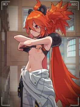 1girl adversarial_noise ahoge battery_indicator breasts bright_pupils closed_mouth commentary_request eyepatch female_focus hair_ornament indoors koleda_belobog loli long_hair navel nipples paid_reward_available petite recording red_eyes red_hair small_breasts solo special_cat sphere_hair_ornament standing twintails undressing variant_set very_long_hair viewfinder voyeur_pov voyeurism white_pupils zenless_zone_zero