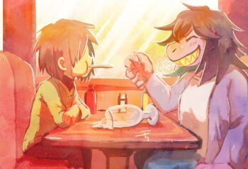 1girl 1other artist_name black_hair black_pants blue_pants blush booth_seating closed_eyes colored_skin commentary_request deltarune diner eating food french_fries furry furry_female glass green_sweater highres jacket ketchup_bottle kochi_(morimoriko24) kris_(deltarune) long_sleeves medium_hair mustard_bottle no_eyes pants purple_jacket purple_skin sharp_teeth shirt sitting smile spill susie_(deltarune) sweater table teeth utdr_(toby_fox) white_shirt