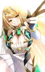 Rule 34 | 1girl, bare shoulders, blonde hair, blush, breasts, chest jewel, cleavage, dress, earrings, elbow gloves, gloves, grin, headpiece, highres, jewelry, large breasts, long hair, looking at viewer, mythra (xenoblade), ponfu y, smile, solo, swept bangs, teeth, tiara, very long hair, xenoblade chronicles (series), xenoblade chronicles 2, yellow eyes