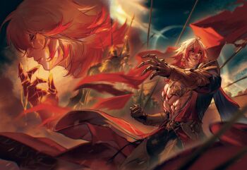 Rule 34 | 1boy, abs, absurdres, arm tattoo, armlet, armored boots, army, bare pectorals, black coat, black pants, blonde hair, blood, blood on face, boots, braid, cape, chest tattoo, clawed gauntlets, coat, commentary, earrings, english commentary, facial tattoo, gold earrings, gold necklace, gradient hair, highres, honkai: star rail, honkai (series), jewelry, male focus, medium hair, multicolored hair, multiple views, mydei (honkai: star rail), necklace, open clothes, open coat, pants, pectorals, peejdoodles, red cape, red hair, red tattoo, side braid, side cape, solo, tattoo, toned, toned male, yellow blood, yellow eyes