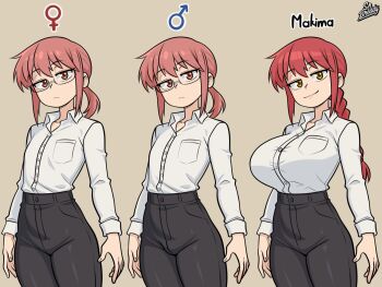 1boy 2girls alternate_breast_size_(larger) artist_name black_pants braid braided_ponytail breast_pocket breasts brown_eyes buttons chainsaw_man character_name closed_mouth collared_shirt commentary cowboy_shot cream_background english_commentary expressionless genderswap genderswap_(ftm) glasses high-waist_pants highres kobayashi-san_chi_no_maidragon kobayashi_(maidragon) large_breasts long_hair long_sleeves look-alike looking_at_viewer makima_(chainsaw_man) mars_symbol multiple_girls pants pocket red_hair semi-rimless_eyewear shirt shirt_tucked_in short_hair sidelocks simple_background smile srbready tented_shirt under-rim_eyewear venus_symbol white_shirt yellow_eyes