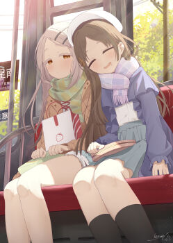 2girls absurdres backlighting bag beret black_socks blue_scarf blue_shorts blue_shrug blush brown_coat brown_hair closed_eyes closed_mouth coat commentary_request denim denim_shorts drooling feet_out_of_frame gakuen_idolmaster green_scarf green_skirt grey_hair hair_ornament hairclip hat highres idolmaster kabomeel_lse kneehighs kuramoto_china laurels leaf_hair_ornament leaning_on_person long_hair long_sleeves looking_at_another looking_to_the_side mouth_drool multiple_girls open_clothes open_coat open_mouth orange_eyes parallel_hairclips parted_bangs power_lines scarf shinosawa_hiro shirt shopping_bag shorts shrug_(clothing) signature sitting skirt sleeping sleeping_on_person sleeping_upright smile socks train_interior tree utility_pole white_hat white_shirt window