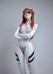 Rule 34 | 1girl, artist name, blue eyes, bodysuit, brazilian (nationality), breasts, brown hair, cosplay, curvy, evangelion: 3.0+1.0 thrice upon a time, eyepatch, freckles, highres, interface headset, lips, looking at viewer, memepantazis, neon genesis evangelion, photo (medium), plugsuit, rebuild of evangelion, shiny clothes, smile, solo, souryuu asuka langley, souryuu asuka langley (cosplay), standing, twintails, two side up, white background, white bodysuit, wide hips
