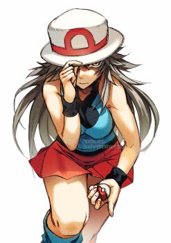 1girl ariekochan blue_shirt breasts brown_eyes brown_hair closed_mouth hat holding holding_poke_ball large_breasts leaf_(pokemon) long_hair looking_at_viewer loose_socks nintendo poke_ball poke_ball_(basic) pokemon pokemon_frlg porkpie_hat red_skirt shirt simple_background skirt sleeveless sleeveless_shirt socks white_background white_hat wristband