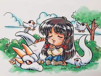 Rule 34 | 1girl, bird, black eyes, black hair, blue skirt, braid, braided sidelock, brown shoes, bush, chibi, chibi only, closed eyes, cloud, dragon, flying, highres, horns, interlocked fingers, kneeling, kokomahi, loafers, long hair, official art, outdoors, own hands clasped, own hands together, pantyhose, pleated skirt, red eyes, school uniform, sentimental graffiti, serafuku, shirt, shoes, skirt, solo, sugihara manami, traditional media, tree, yellow shirt