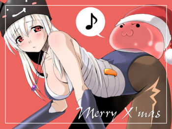 1girl :3 animal_hat arm_guards artist_request ass assassin assassin_(ragnarok_online) bandages bent_over blob blush blush_stickers breasts brown_pantyhose cat_hat christmas covered_erect_nipples curvy embarrassed english_text female_focus framed frown gauntlets gem hanging_breasts hat jewelry long_hair looking_at_viewer musical_note necklace no_bra no_panties pantyhose pendant poring ragnarok_online red_eyes santa_hat sitting slime_(creature) solo speech_bubble submission thought_bubble white_hair wrapped