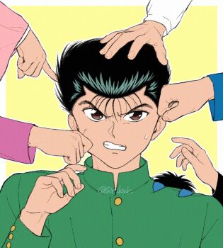 Rule 34 | 1girl, 5boys, black hair, border, botan (yu yu hakusho), brown eyes, cheek pinching, clenched teeth, commentary request, green jacket, hand on another's head, hiei (yu yu hakusho), jacket, koenma, kurama (yu yu hakusho), kuwabara kazuma, long sleeves, looking at viewer, multiple boys, open mouth, out of frame, outline, outside border, pinching, poking head, puu (yu yu hakusho), rrukak oekaki, short hair, solo focus, sweatdrop, teeth, urameshi yuusuke, white border, white outline, yellow background, yuu yuu hakusho