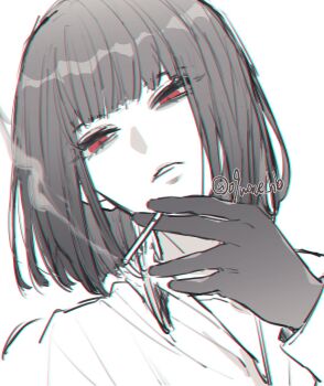 09wave_hb 1girl black_gloves black_hair bob_cut cigarette collarbone collared_shirt commentary gloves head_tilt highres holding holding_cigarette limbus_company looking_at_viewer open_mouth project_moon red_eyes ryoshu_(project_moon) shirt short_hair simple_background smoke solo twitter_username white_background