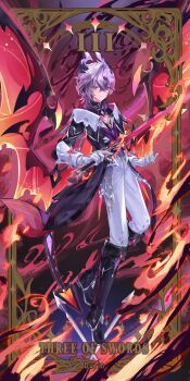 Rule 34 | 1boy, absurdres, athame artis (genshin impact), black boots, black coat, black shirt, boots, card (medium), character name, chest jewel, chinese commentary, closed mouth, coat, commentary request, crossed bangs, dragon boy, dragon horns, dragon wings, durin (genshin impact), full body, genshin impact, gloves, hair between eyes, highres, holding, holding sword, holding weapon, horns, li0n (kongshushiwo), looking at viewer, male focus, medium hair, minor arcana (tarot), pants, purple hair, purple vest, red eyes, red wings, shirt, solo, sword, tarot, tarot (medium), vest, weapon, white gloves, white pants, wings