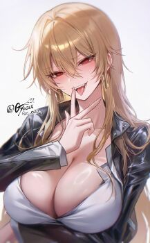 1girl absurdres blonde_hair blush breasts cleavage commentary_request fate/stay_night fate_(series) genderswap genderswap_(mtf) gilgamesh_(fate) gz_(gyoju) highres large_breasts long_hair long_sleeves looking_at_viewer open_mouth red_eyes smile solo