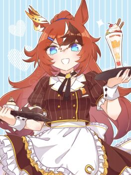 1girl animal_ears blue_eyes blush breasts brown_hair brown_neckerchief brown_shirt brown_skirt bubble_gum_fellow_(umamusume) coco's collarbone commentary_request ear_ornament food hair_between_eyes hair_ornament hairclip heart highres holding holding_tray horse_ears horse_girl long_hair looking_at_viewer multicolored_hair neckerchief open_mouth parfait ponytail puffy_short_sleeves puffy_sleeves shirt short_sleeves skirt smile solo suzumecha_(yuzensuzu) tray umamusume white_hair white_wrist_cuffs wrist_cuffs