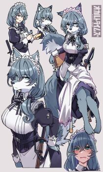 1girl animal_ears apron black_dress breasts commentary_request dress dual_persona furry grey_eyes grey_hair highres ido_(teketeke) juliet_sleeves long_hair long_sleeves looking_at_viewer maid maid_headdress medium_breasts multiple_views occult_times original puffy_sleeves shinai sitting sword tail weapon white_apron wolf wolf_ears wolf_tail
