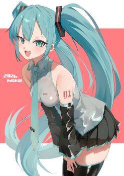 Rule 34 | 1girl, 200f (nifu), 2026, :d, absurdres, aqua eyes, aqua hair, aqua necktie, aqua trim, bare shoulders, black skirt, black sleeves, blush, breasts, character name, collared shirt, commentary request, cowboy shot, detached sleeves, frilled shirt, frills, grey shirt, hair ornament, hands on own thighs, hatsune miku, highres, leaning forward, long hair, long sleeves, looking at viewer, medium breasts, miniskirt, necktie, number tattoo, open mouth, pleated skirt, shirt, shoulder tattoo, sidelocks, simple background, skirt, sleeveless, sleeveless shirt, smile, solo, standing, tattoo, thighhighs, tie clip, twintails, untucked shirt, very long hair, vocaloid, white background, wide sleeves, zettai ryouiki