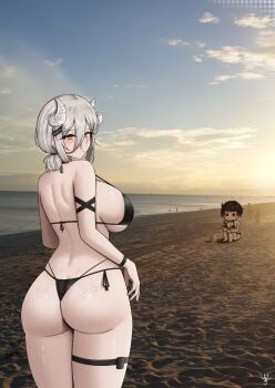 2girls absurdres arm_strap ass ass_freckles back back_freckles beach bikini black_bikini blush body_freckles breast_freckles breasts brown_hair butt_crack closed_mouth cloud commentary curled_horns dimples_of_venus double-parted_bangs ear_piercing english_commentary freckles from_behind hair_between_eyes hair_ornament hair_tie hairclip highres horns large_breasts long_hair_between_eyes looking_at_viewer looking_back mako_(yukaraishin) median_furrow multiple_girls ocean original outdoors parallel_hairclips photo_background piercing ringed_eyes sand short_hair side-tie_bikini_bottom sideboob signature sky solo_focus sunrise swimsuit thigh_strap thong_bikini white_hair white_horns wristband yellow_eyes yuka_(yukaraishin) yukaraishin