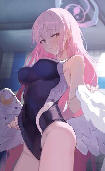 1girl absurdres angel angel_wings blue_archive blue_one-piece_swimsuit breasts commentary_request covered_navel diamond-shaped_pupils diamond_(shape) halo highres indoors large_breasts long_hair looking_at_viewer mika_(blue_archive) nekoi_(nekoi_0116) one-piece_swimsuit pink_hair school_swimsuit smile solo swimsuit symbol-shaped_pupils thighs very_long_hair wet wings yellow_eyes