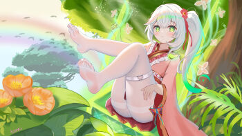 1girl absurdres alternate_costume artist_name ass bug butterfly chinese_commentary closed_mouth cross-shaped_pupils feet flower genshin_impact green_eyes grey_hair hair_flower hair_ornament heart heart_o-ring highres insect japanese_clothes kimono light_blush long_hair long_sleeves looking_at_viewer nahida_(genshin_impact) o-ring o-ring_thigh_strap on_swing panties panties_under_pantyhose pantyhose pink_kimono pink_skirt pleated_skirt sheng_taoren side_ponytail signature skirt smile soles solo swing swinging symbol-shaped_pupils thigh_strap thighband_pantyhose thighs toes underwear white_panties white_pantyhose wide_sleeves