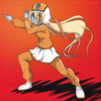 1girl blonde_hair breasts colored_skin eyes_visible_through_hair green_hair grey_skin grin hair_over_one_eye helmet jacket long_hair long_sleeves looking_at_viewer low_ponytail medium_breasts multicolored_hair nikaidou_saki orange_helmet orange_jacket orange_pants pants ponytail red_background red_eyes red_hair shoes skirt smile socks standing streaked_hair superhero_costume t_jiroo_(ringofriend) teeth track_jacket track_pants track_suit uwabaki white_shoes white_skirt white_socks zombie zombie_land_saga